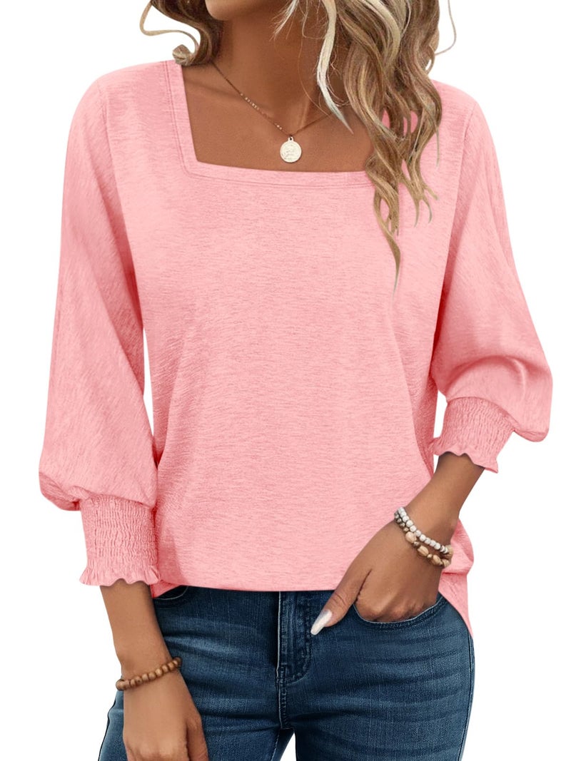 PGANDS Women's 3/4 Sleeve Tops Square Neck Spring Summer Casual Smocked Cuffs Shirts Pink - Image 1