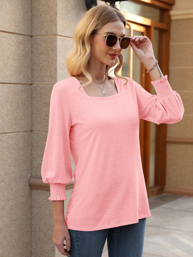 PGANDS Women's 3/4 Sleeve Tops Square Neck Spring Summer Casual Smocked Cuffs Shirts Pink - Image 3