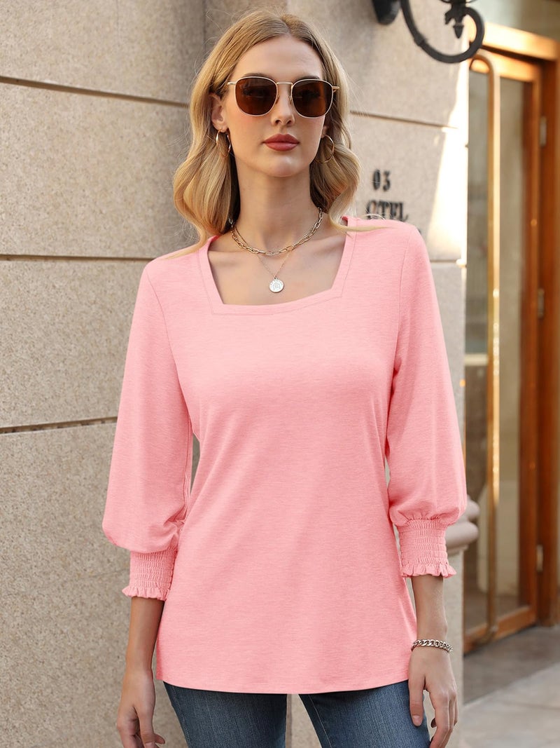 PGANDS Women's 3/4 Sleeve Tops Square Neck Spring Summer Casual Smocked Cuffs Shirts Pink - Image 5