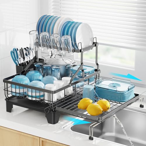 GSlife Large 2 Tier Dish Drying Rack Expandable Multifunctional Dish Rack for Kitchen Counter RustResistant Dish Drainer with Utensil Cup Holder AutoDrain 169 W x 144224 L Black - Image 1