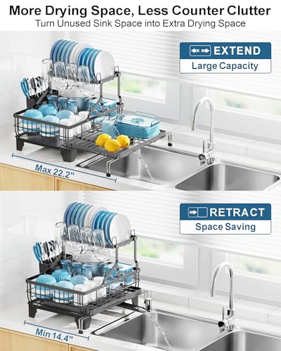 GSlife Large 2 Tier Dish Drying Rack Expandable Multifunctional Dish Rack for Kitchen Counter RustResistant Dish Drainer with Utensil Cup Holder AutoDrain 169 W x 144224 L Black - Image 3
