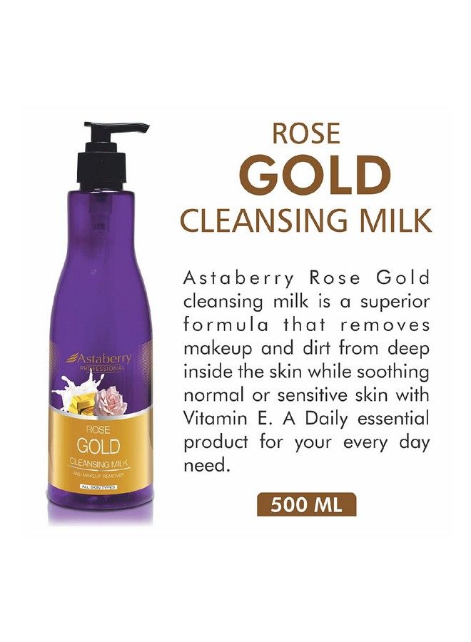 Astaberry Professional Rose Gold Cleansing Milk For All Skin Type 500Ml Makeup Remover ; Deep Cleanse ; Vitamin E Benefits ; Smooth & Soft ; Real Gold Extracts - Image 4