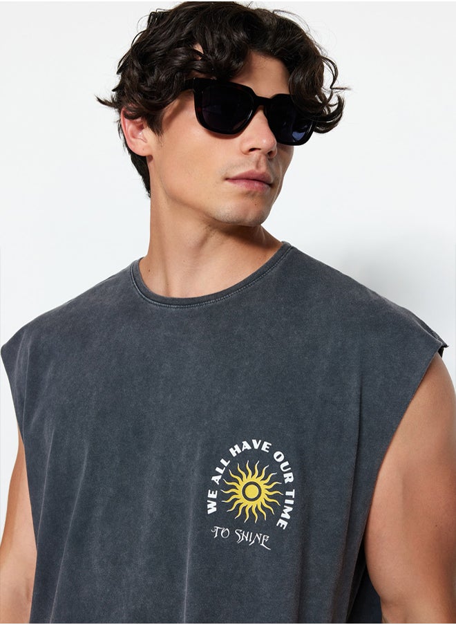 trendyol Anthracite Oversize/Wide Cut Faded Effect Text Print 100% Cotton T-Shirt/Undershirt  - Image 1