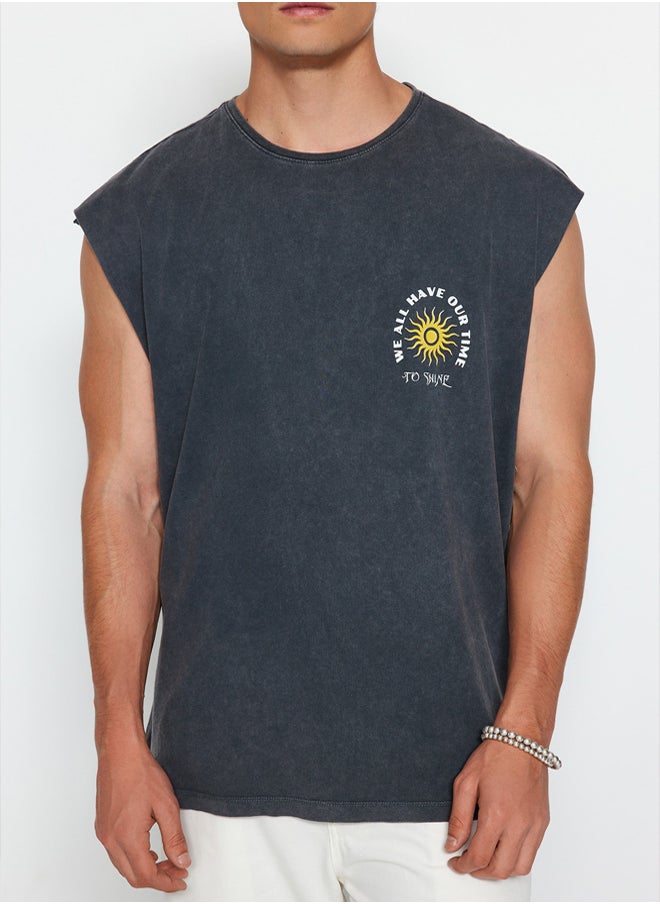 trendyol Anthracite Oversize/Wide Cut Faded Effect Text Print 100% Cotton T-Shirt/Undershirt  - Image 3