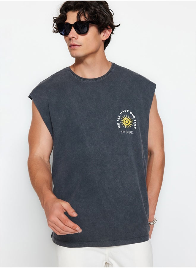 trendyol Anthracite Oversize/Wide Cut Faded Effect Text Print 100% Cotton T-Shirt/Undershirt  - Image 5