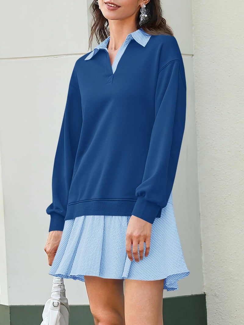 Wenrine Womens Oversized Sweatshirt Dress Casual Long Sleeve Collared V Neck Patchwork Loose Mini Dresses Navy - Image 3