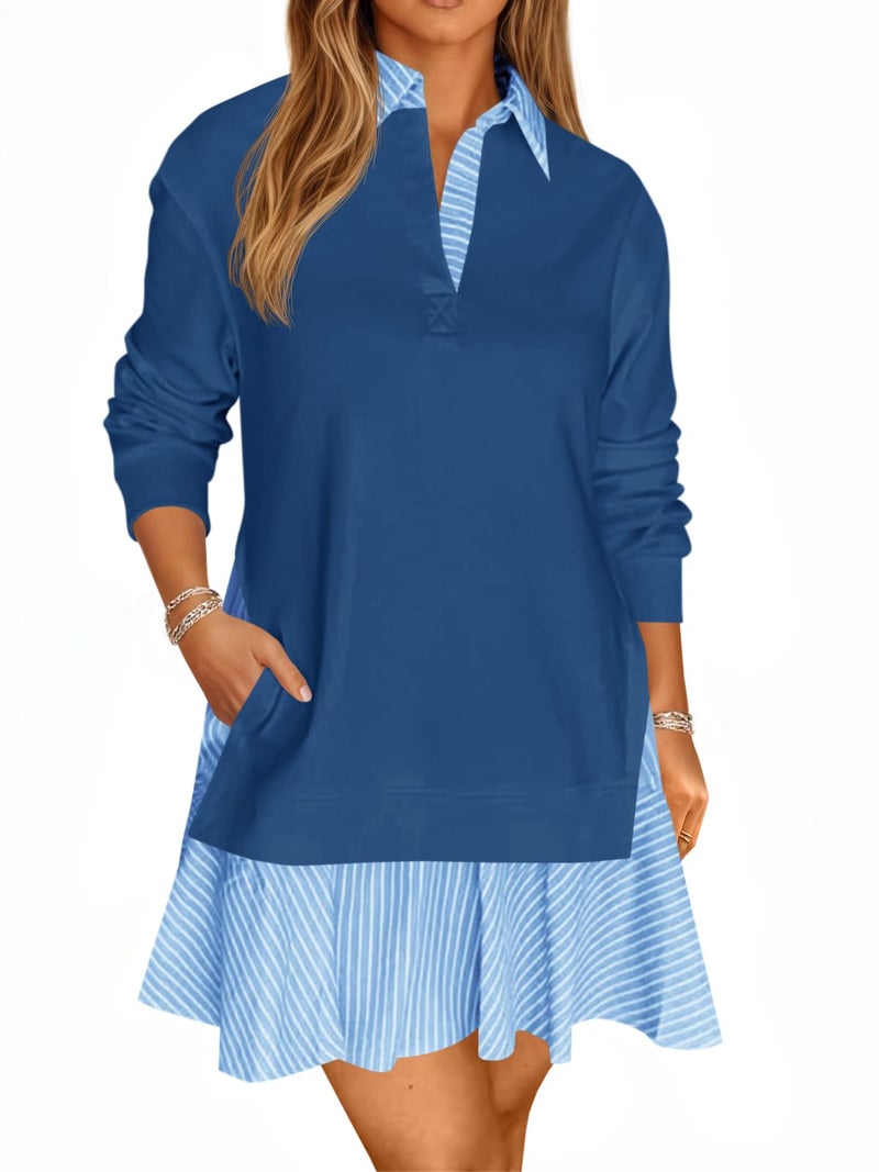 Wenrine Womens Oversized Sweatshirt Dress Casual Long Sleeve Collared V Neck Patchwork Loose Mini Dresses Navy - Image 1