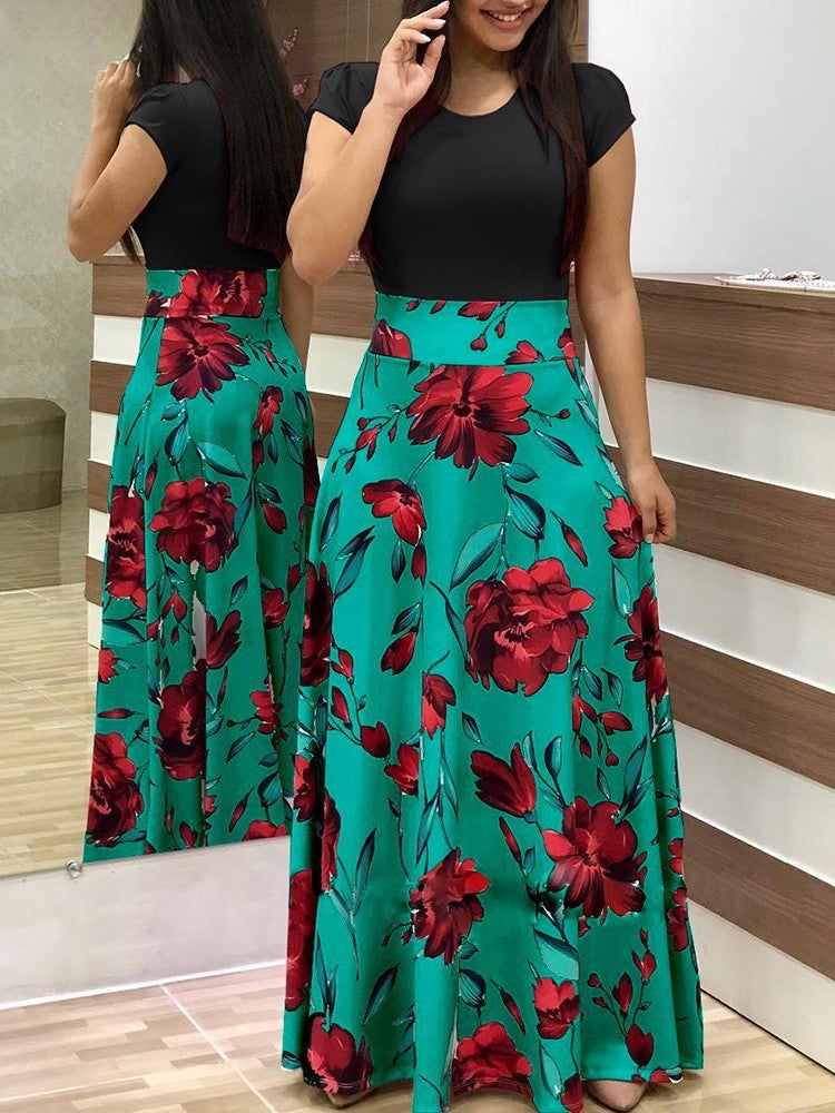 2021wish AliExpress hot sale popular European and American style flower print color matching dress long dress womens clothing Green - Image 1