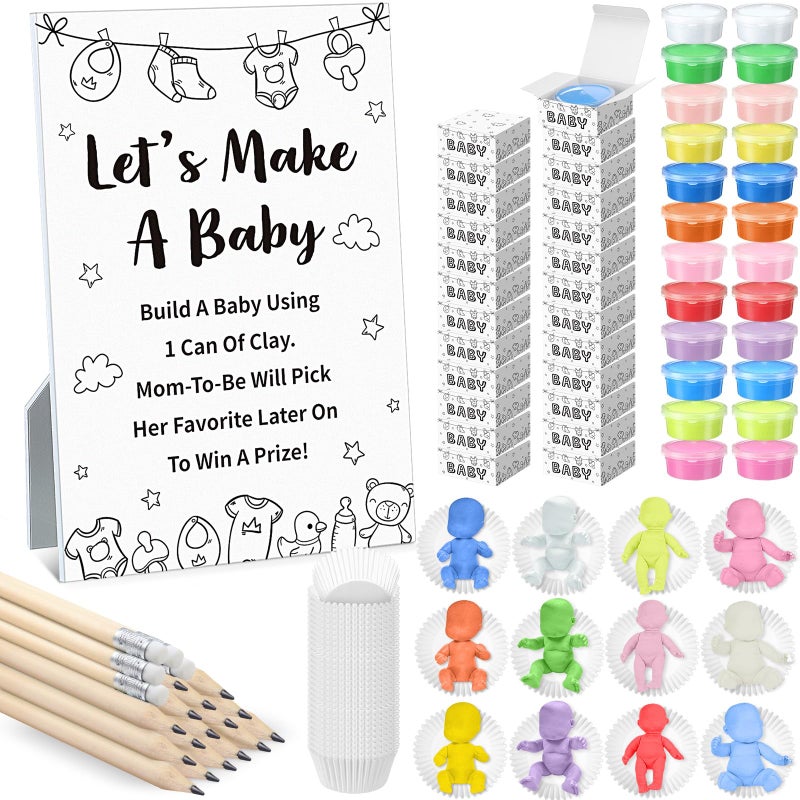 Blosssound Funny Baby Shower Games Decorations Let's Make a Baby Playdough Game Sign Set 24 Play Doughs 24 Pencils Shower Gender Reveal Game Activities Adults Boys Girls(Black and White Babysuit) - Image 1