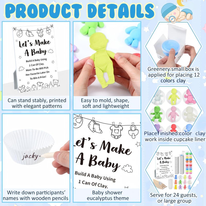 Blosssound Funny Baby Shower Games Decorations Let's Make a Baby Playdough Game Sign Set 24 Play Doughs 24 Pencils Shower Gender Reveal Game Activities Adults Boys Girls(Black and White Babysuit) - Image 3