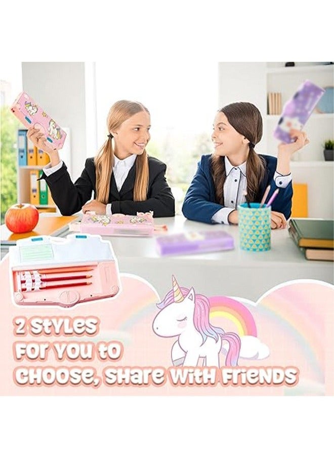 Multifunction Unicorn Pencil Case Magnetic Operating Cover Automatic on Pencil Box with 2 Compartments for Students Cartoon Pattern Stationery Set with Pop Out Scissors and Pencil Sharpener Pink - Image 5