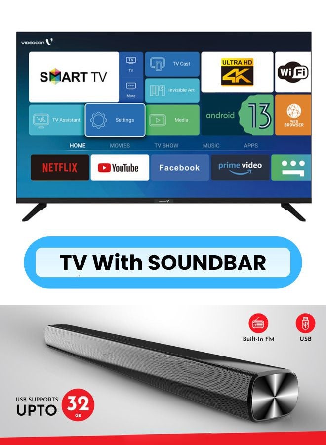 VIDEOCON 50 Inch 4K UHD LED Smart TV with Android OS, DVBT2/S2 Receiver, 60Hz, HDR, Paired With 2.0 Channel 30W Soundbar, 3D Surround Sound, Bluetooth, USB, FM Radio E50EL1100+SOUNDBAR Black - Image 2
