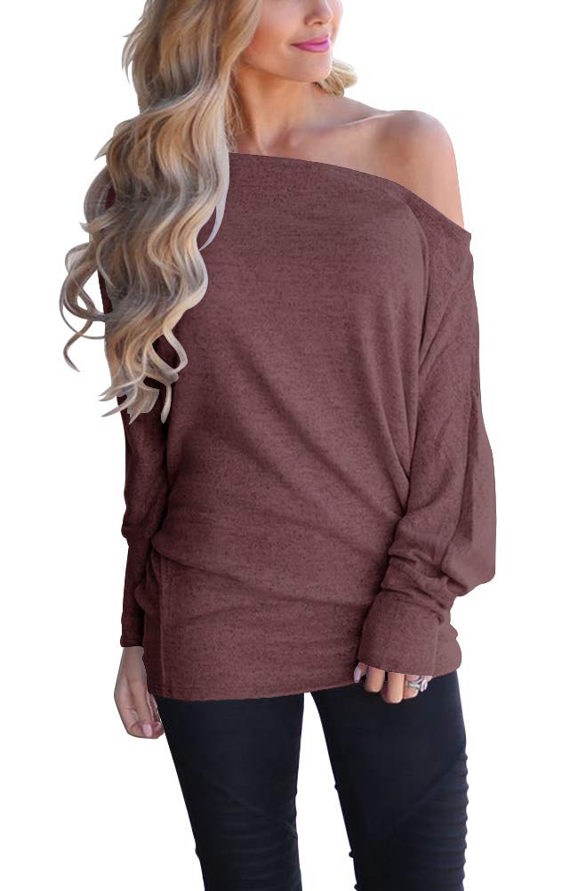 Lacozy Women's Off Shoulder Batwing Sleeve Loose Pullover Sweater Knit Jumper Burgundy M - Image 1