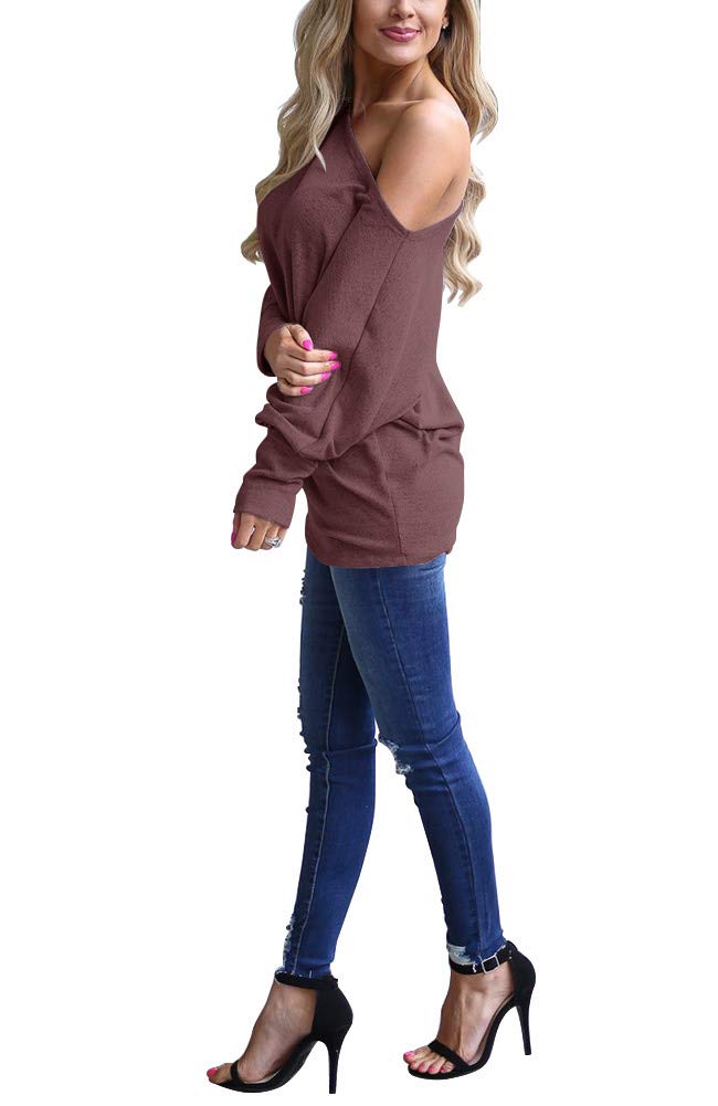 Lacozy Women's Off Shoulder Batwing Sleeve Loose Pullover Sweater Knit Jumper Burgundy M - Image 2