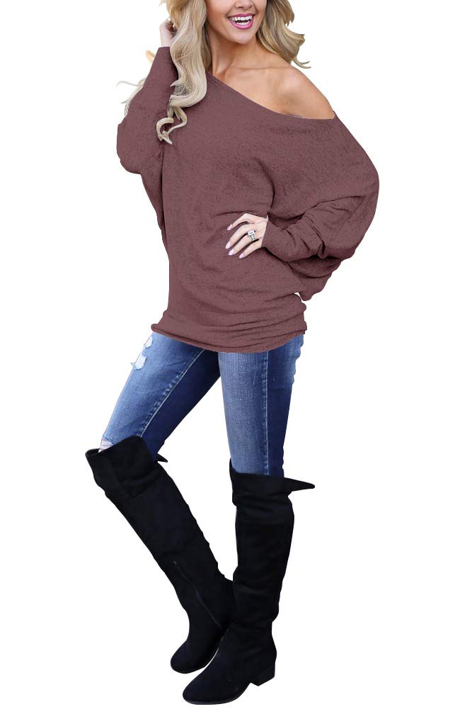 Lacozy Women's Off Shoulder Batwing Sleeve Loose Pullover Sweater Knit Jumper Burgundy M - Image 3