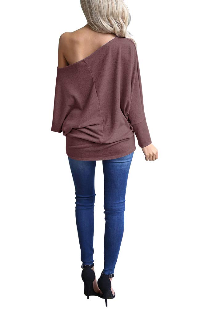 Lacozy Women's Off Shoulder Batwing Sleeve Loose Pullover Sweater Knit Jumper Burgundy M - Image 4