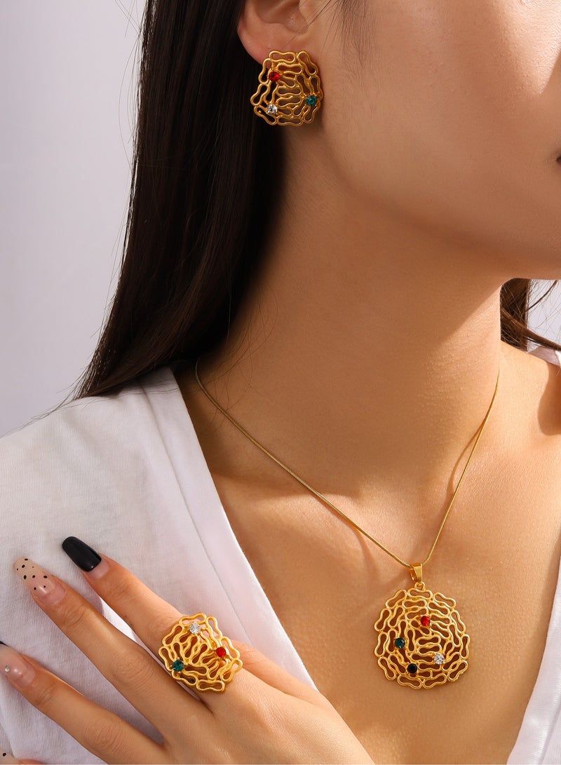 MANDI retro simple gold-plated special-shaped design earrings ring necklace jewelry set suitable for women's daily wear - Image 1