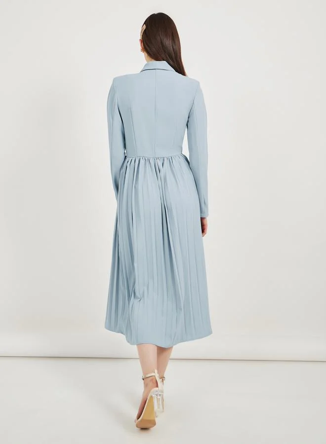 Styli Pleated Blazer Midi Dress with Tie-Up Detail
