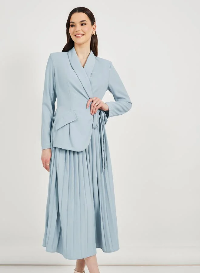 Styli Pleated Blazer Midi Dress with Tie-Up Detail
