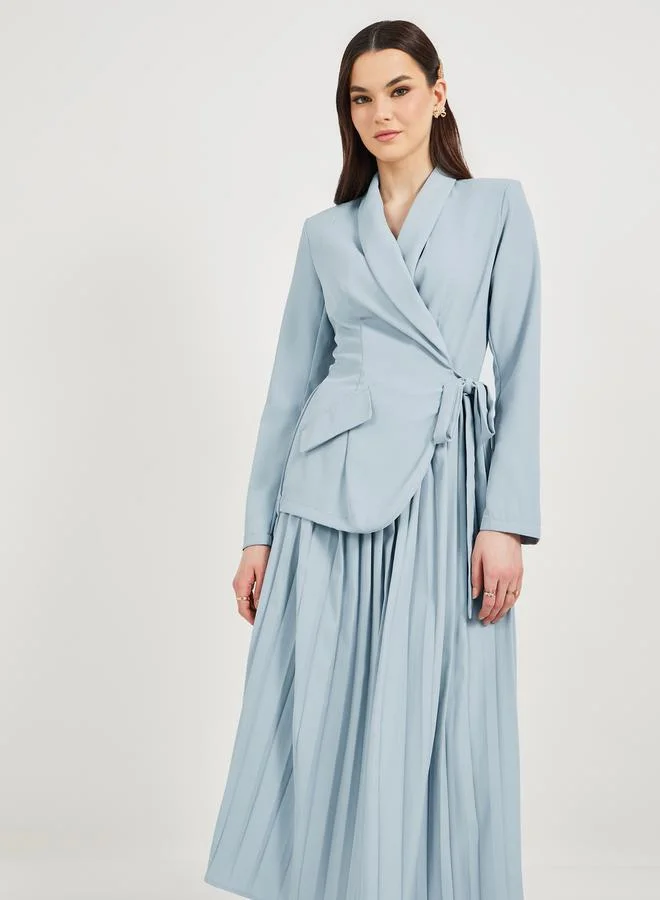 Styli Pleated Blazer Midi Dress with Tie-Up Detail