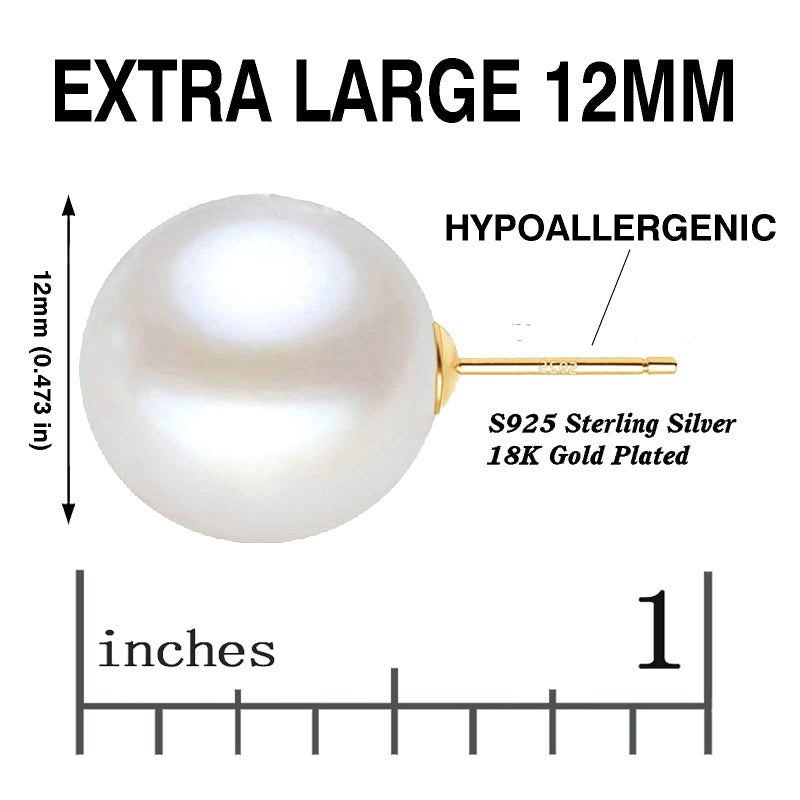 EFTKOY Pearl Earrings 18K Gold Plated Sterling Silver Big Round Studs White Simulated Shell Large Pearl Earrings for Women - 12mm - Image 2
