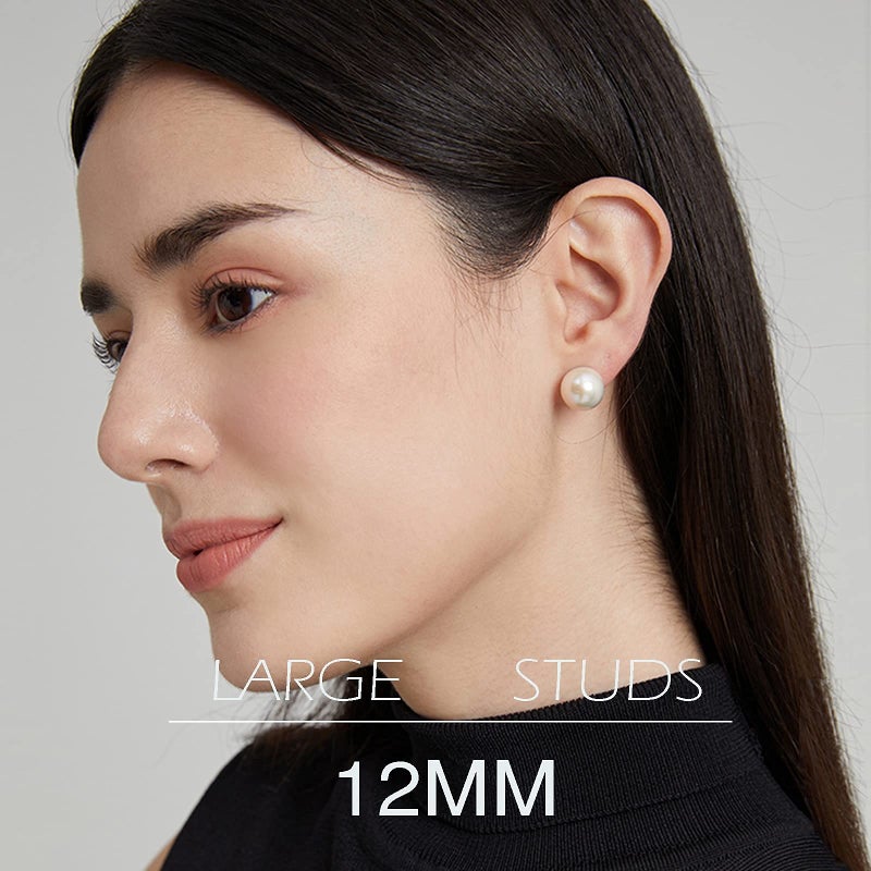 EFTKOY Pearl Earrings 18K Gold Plated Sterling Silver Big Round Studs White Simulated Shell Large Pearl Earrings for Women - 12mm - Image 3