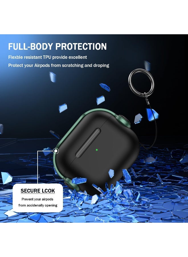 Protective Case for Airpods 4 Cover Shockproof, Wireless Charging Case with Safety Lock and Keychain, Anti-Fall Protective Cover (Black - Green) - Image 4