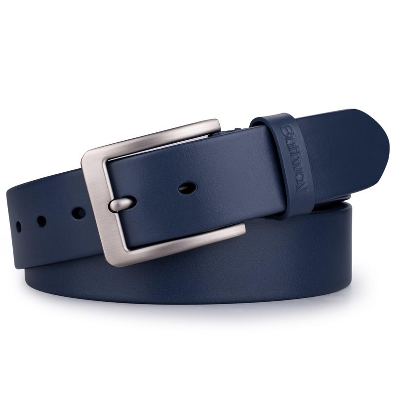 Buffway Menâ€™s Full Grain Leather Belt â€“ Solid One-Piece Leather, 1.5â€ Wide for Jeans & Business Casual, Gift Box Included - 38â€ Navy Blue - Image 1