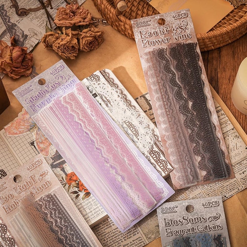Obujopal 40 Pcs Transparent Lace Stickers for Scrapbooking Junk Journal Card Making Collage Diary Planner Notebook Letter Photo Album Craft Project Decoration, 5 Patterns - Image 4