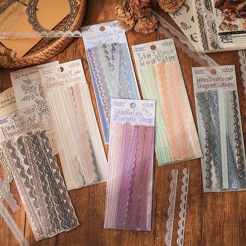Obujopal 40 Pcs Transparent Lace Stickers for Scrapbooking Junk Journal Card Making Collage Diary Planner Notebook Letter Photo Album Craft Project Decoration, 5 Patterns - Image 2