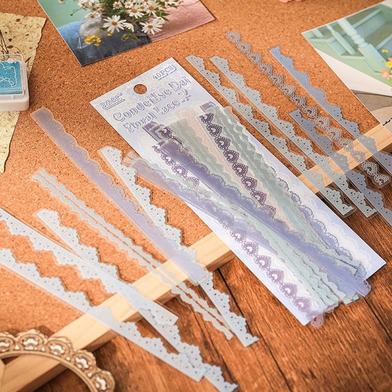 Obujopal 40 Pcs Transparent Lace Stickers for Scrapbooking Junk Journal Card Making Collage Diary Planner Notebook Letter Photo Album Craft Project Decoration, 5 Patterns - Image 1