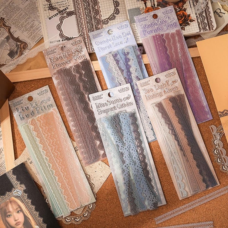 Obujopal 40 Pcs Transparent Lace Stickers for Scrapbooking Junk Journal Card Making Collage Diary Planner Notebook Letter Photo Album Craft Project Decoration, 5 Patterns - Image 3