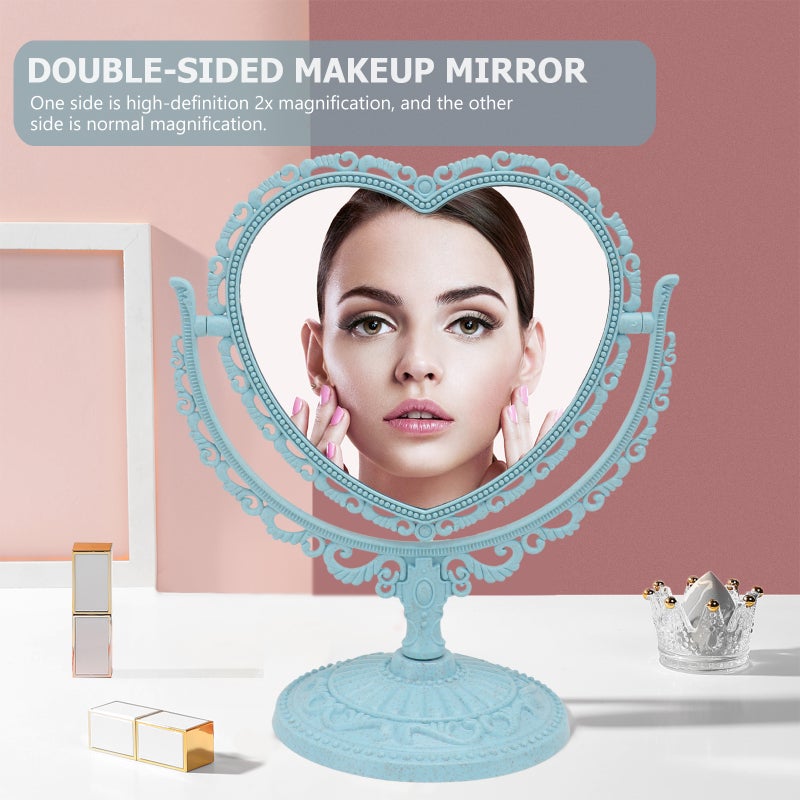 💄 مرآة مكياج طاولة وجه مزدوجة التكبير دوارة ٣٦٠ درجة شكل قلب زرقاء - Image 5