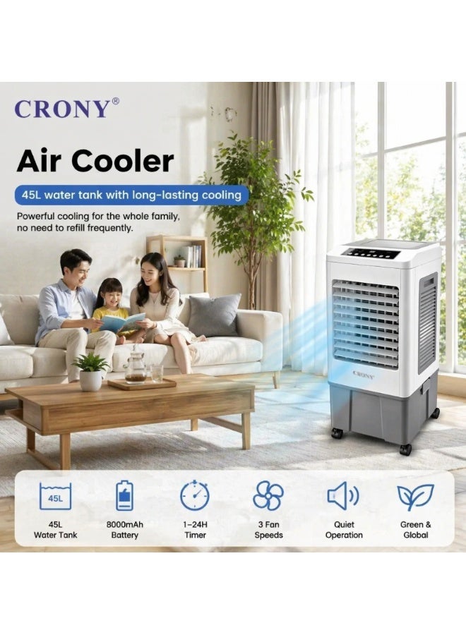 CRONY 45L Portable Evaporative Air Cooler, 500m³/h DC Cooling Fan with 8000mAh Rechargeable Battery, 3 Fan Speeds, 1-24H Timer, Portable Air Cooler for Home, Office, Shop & Outdoor, Covers 30-50m² - Image 2