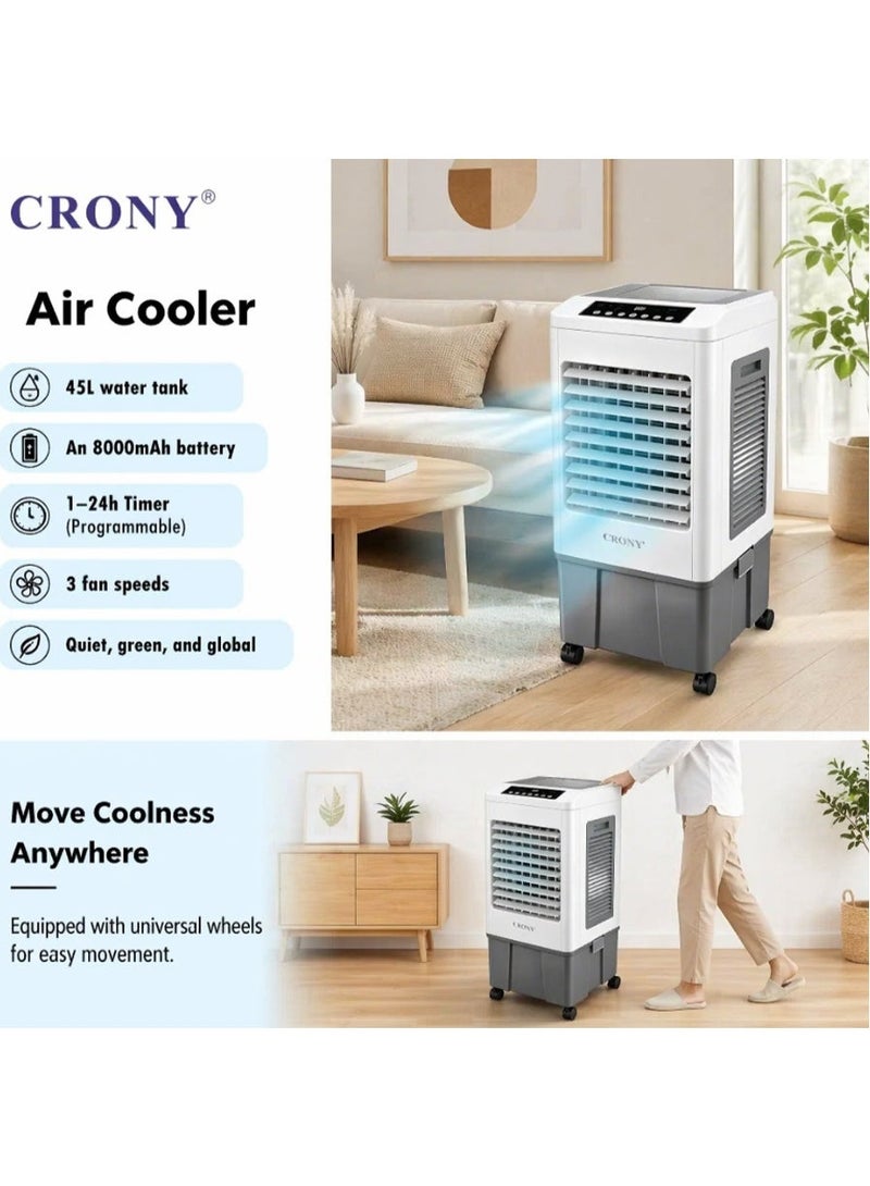 CRONY 45L Portable Evaporative Air Cooler, 500m³/h DC Cooling Fan with 8000mAh Rechargeable Battery, 3 Fan Speeds, 1-24H Timer, Portable Air Cooler for Home, Office, Shop & Outdoor, Covers 30-50m² - Image 4