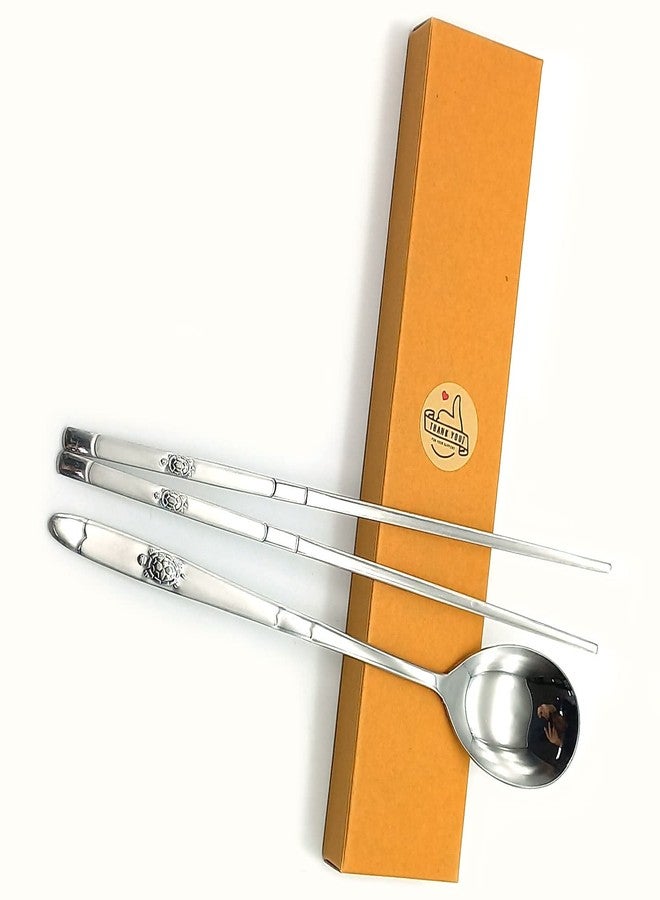 SUPIA Korean Traditional Cutlery Stainless Steel Spoons and Chopsticks Set Tableware with Long-hand, Reusable (Silver Turtle) - Image 2