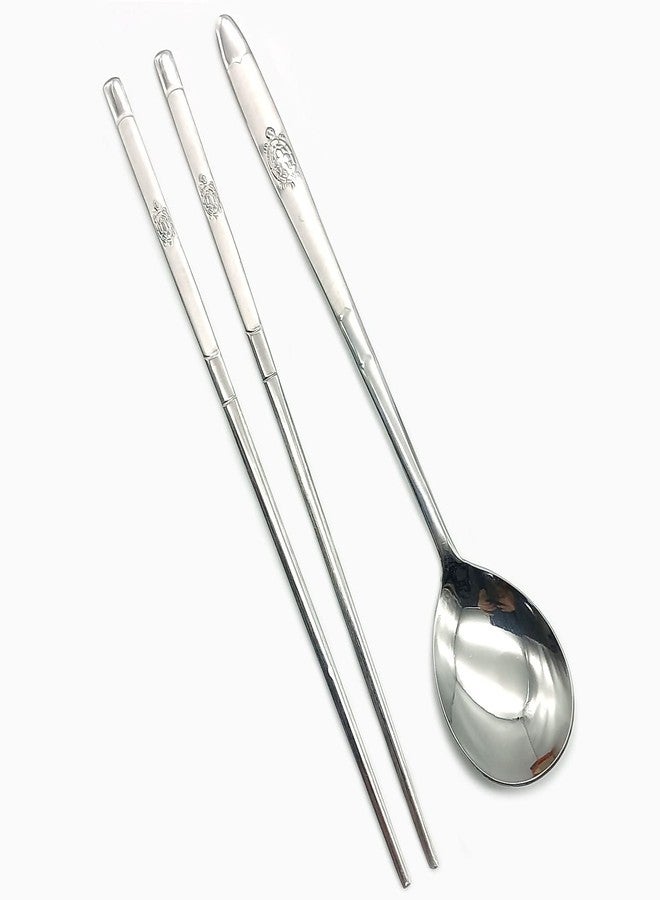 SUPIA Korean Traditional Cutlery Stainless Steel Spoons and Chopsticks Set Tableware with Long-hand, Reusable (Silver Turtle) - Image 4