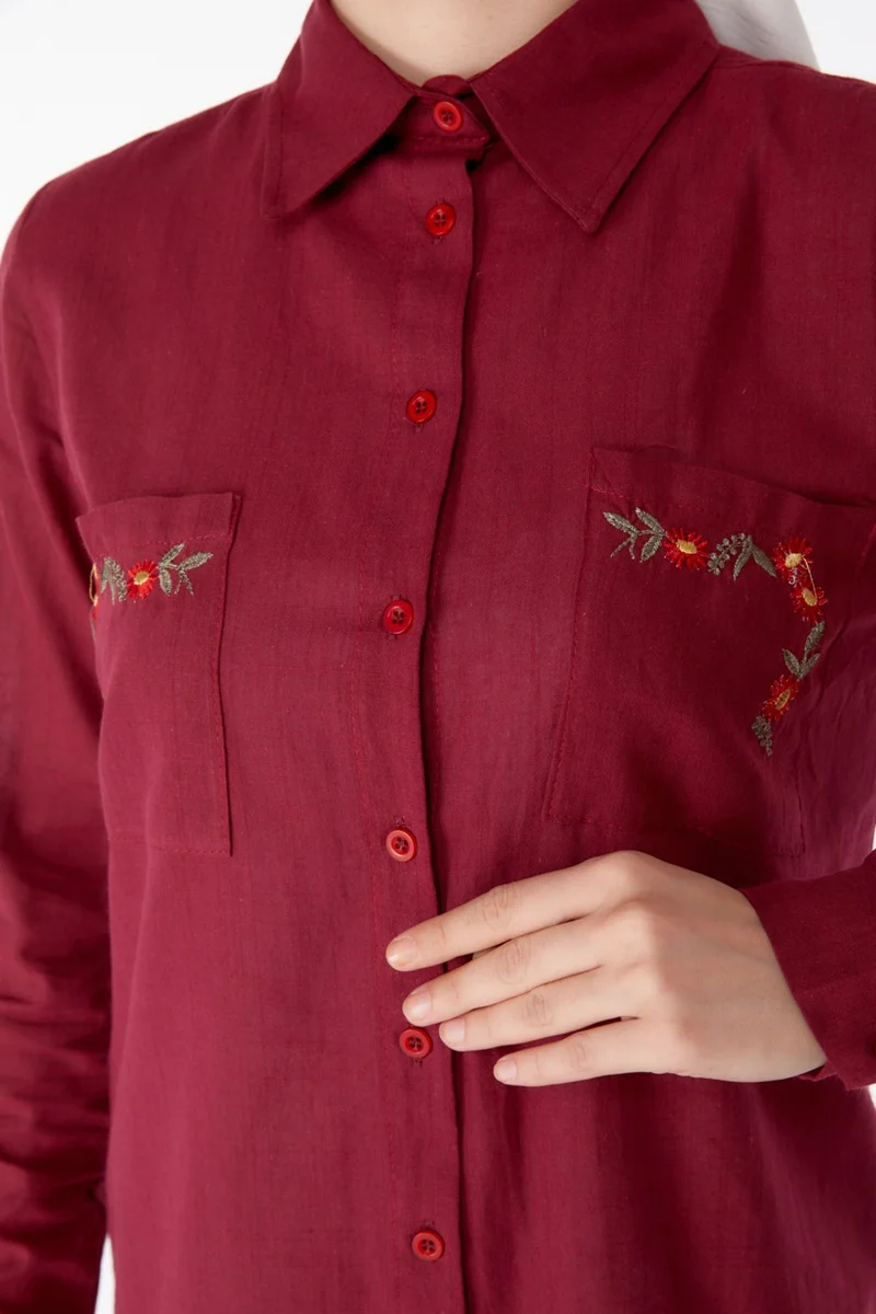 Tofisa Plain Shirt Collar Women's Burgundy Pocket Embroidery Detail Tunic - 13170