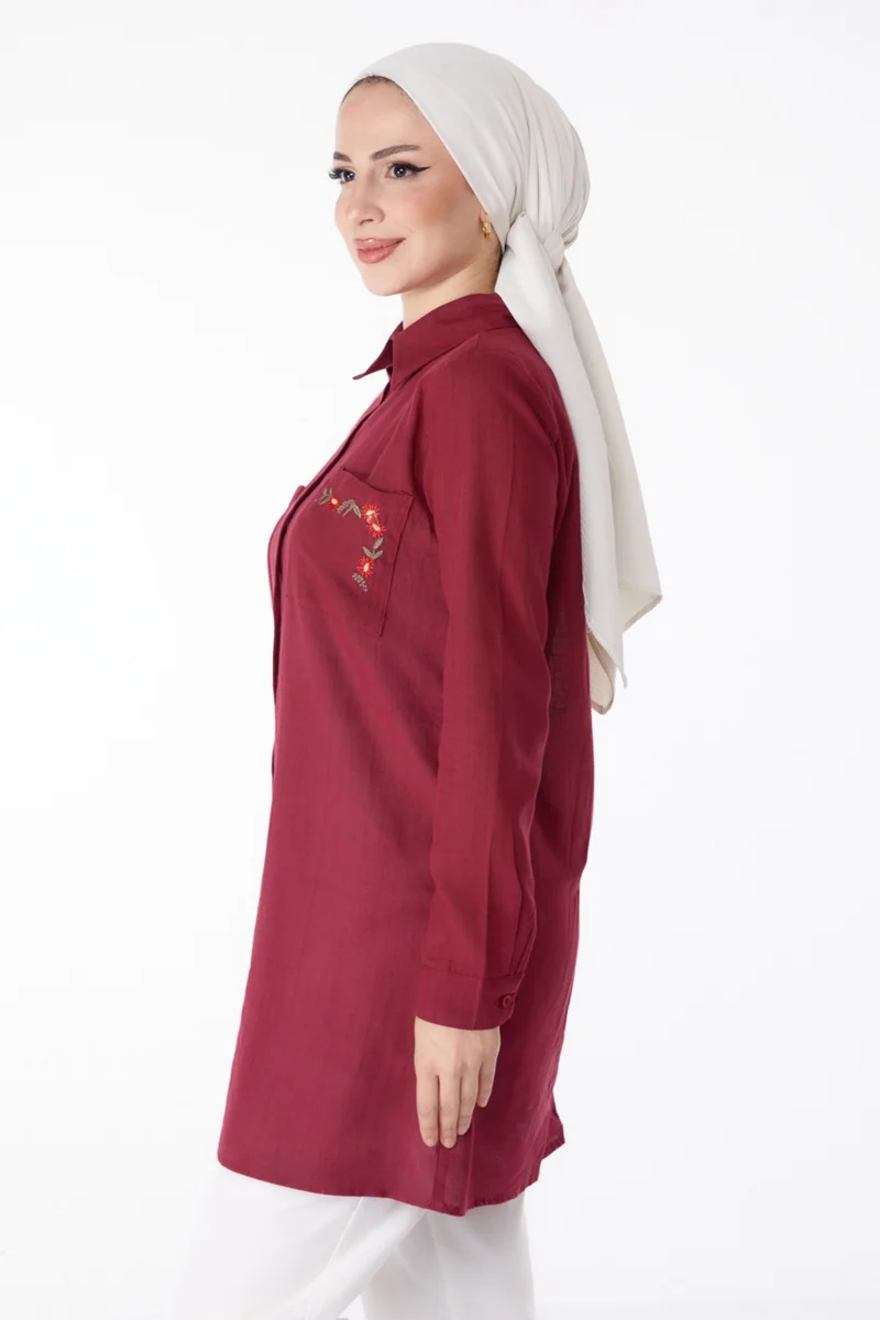 Tofisa Plain Shirt Collar Women's Burgundy Pocket Embroidery Detail Tunic - 13170