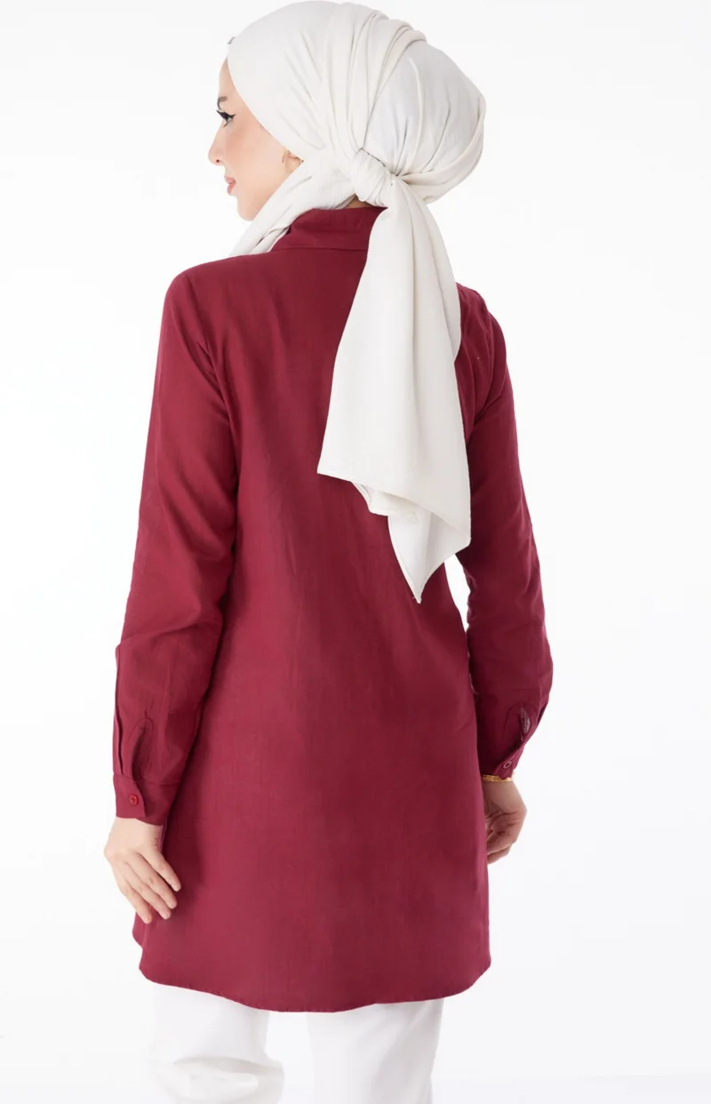 Tofisa Plain Shirt Collar Women's Burgundy Pocket Embroidery Detail Tunic - 13170