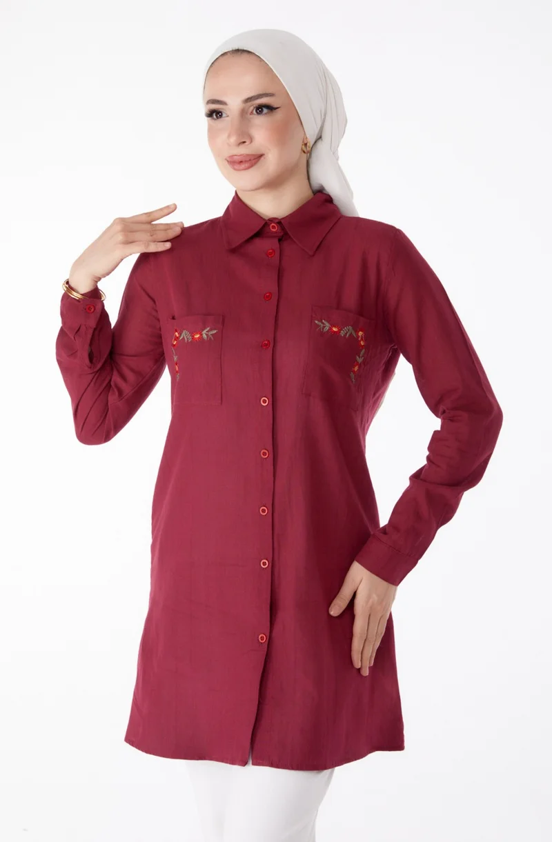 Tofisa Plain Shirt Collar Women's Burgundy Pocket Embroidery Detail Tunic - 13170