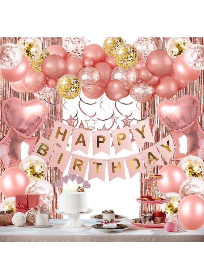 XIYU Rose Gold Happy Birthday Party Decoration Balloon Arch Garland Set with Happy Birthday Balloon Banner, Foil Balloon, Fringe Curtain and Ribbon - Image 1