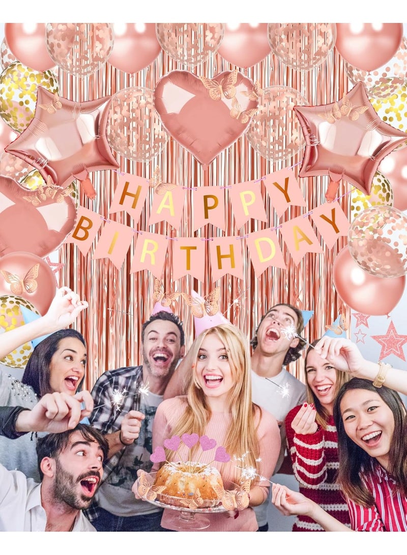 XIYU Rose Gold Happy Birthday Party Decoration Balloon Arch Garland Set with Happy Birthday Balloon Banner, Foil Balloon, Fringe Curtain and Ribbon - Image 3