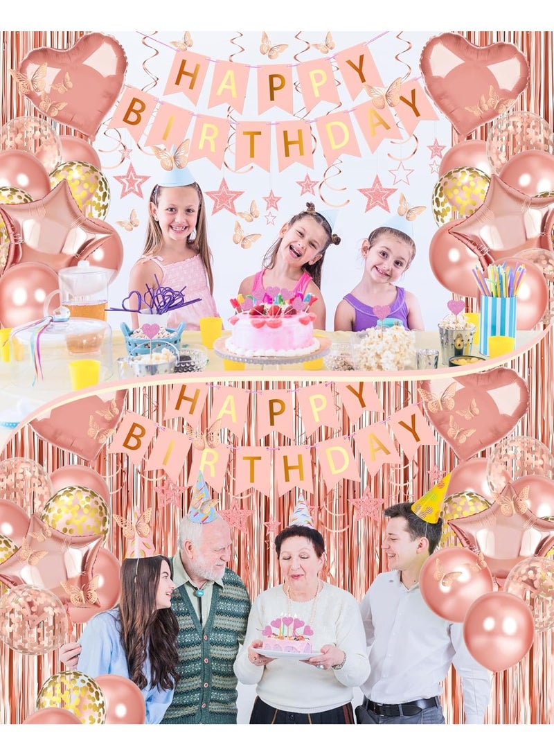 XIYU Rose Gold Happy Birthday Party Decoration Balloon Arch Garland Set with Happy Birthday Balloon Banner, Foil Balloon, Fringe Curtain and Ribbon - Image 4