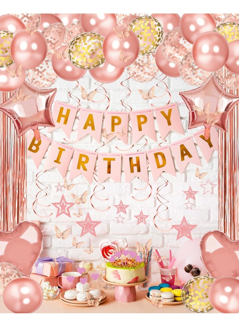 XIYU Rose Gold Happy Birthday Party Decoration Balloon Arch Garland Set with Happy Birthday Balloon Banner, Foil Balloon, Fringe Curtain and Ribbon - Image 5