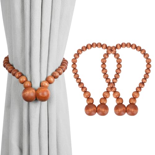 KLOGTSIND Magnetic Curtain Tiebacks, Curtain Tie Backs for Curtains 2 Pack, Wood Bead Curtain Tiebacks, Curtain Holders for Boho Bedroom Decor, Baby Nursery Decor, Farmhouse Decor - Image 1