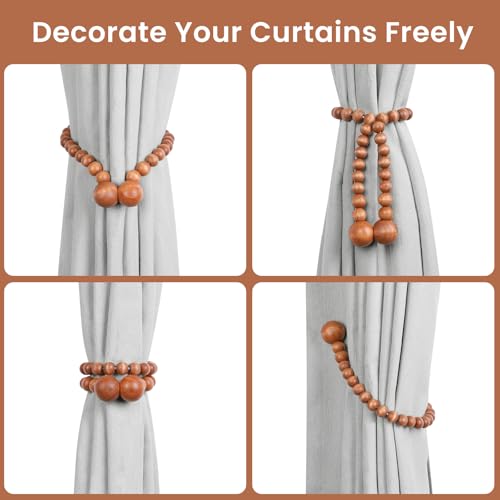 KLOGTSIND Magnetic Curtain Tiebacks, Curtain Tie Backs for Curtains 2 Pack, Wood Bead Curtain Tiebacks, Curtain Holders for Boho Bedroom Decor, Baby Nursery Decor, Farmhouse Decor - Image 4