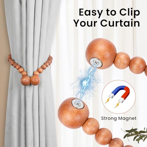KLOGTSIND Magnetic Curtain Tiebacks, Curtain Tie Backs for Curtains 2 Pack, Wood Bead Curtain Tiebacks, Curtain Holders for Boho Bedroom Decor, Baby Nursery Decor, Farmhouse Decor - Image 2