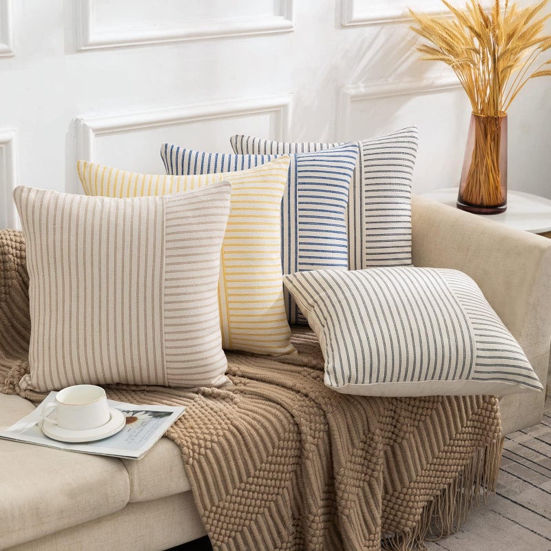 YCOLL Farmhouse Pillow Covers 20x20, Modern Accent Square Throw Pillow Covers Set of 2, Gray and Beige Striped Patchwork Linen Decorative Pillows Cushion Covers for Couch Chair Bedroom Home Decor - Image 3