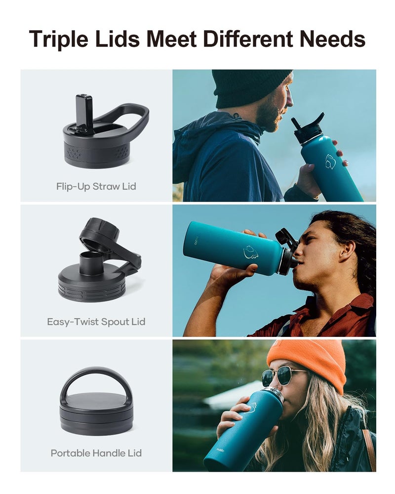 BUZIO BUZIO 40 oz Water Bottle Insulated with Straw & 3 lid and Carrying Pouch  Leak Proof Anti-Slip Stainless Steel Water Flask Jug  Cold for 48 Hrs Double Vacuum Thermo Canteen  BPA-Free  Blue  - Image 3